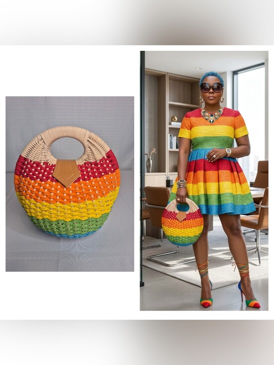 Handbags - Rainbow Woven Round Tote Bag with Tan Accent NWT